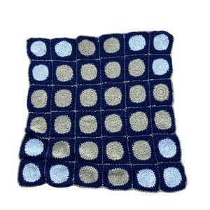 Handmade Crochet Knit Granny Square Blanket Throw Blue Yellow Circle 36 X 36